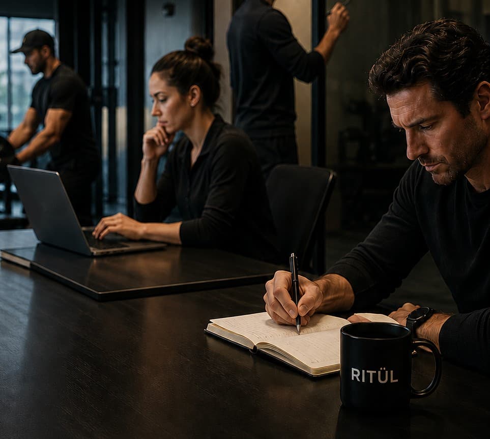Professionals working and training with RITÜL coffee in a modern workspace